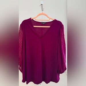 Adrianna Papell Deep Purple Blouse with Sheer Sleeves size 1X